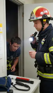 Fire Investigator Rescuing A Person From At A Police Station Briefing Room At