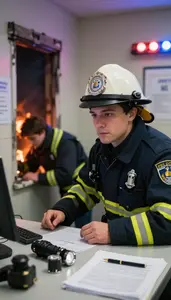 Fire Marshal Rescuing A Person From At A Police Station Briefing Room At