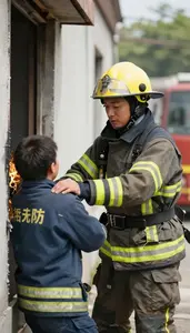Firefighter Rescuing A Person From At A Fire Emergency Scene At Workplace