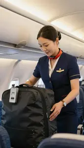 Flight Attendant Loading Baggage Onto An In An Airplane Cabin Before Takeoff