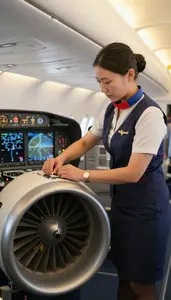Flight Attendant Repairing An Aircraft Engine In An Airplane Cabin Before