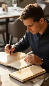 Food Critic Reviewing A Restaurant Menu At A Restaurant Table Reviewing A Menu