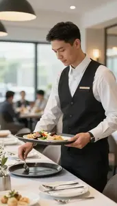 Food Service Manager Managing A Banquet Setup In A Restaurant Dining Room At
