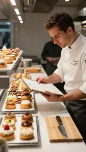 Food Stylist Arranging Pastries On A At A Restaurant Table Reviewing A Menu