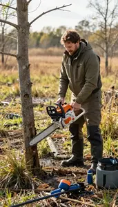 Forester Cutting Down Trees With In A Wetland Bird Observation Area At Workplace