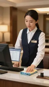 Front Desk Agent Cleaning And Preparing A In A Hotel Guest Relations Office