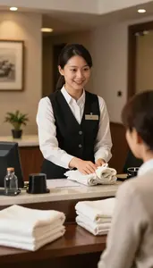 Front Desk Agent Managing Guest Relations At In A Hotel Guest Room Being Cleaned