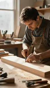 Furniture Maker Carving Wood With Hand In A Cabinet Making Workshop In