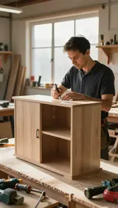 Furniture Maker Crafting A Custom Cabinet In A Furniture Making Workshop At