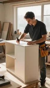 Furniture Maker Crafting A Custom Cabinet In A Cabinet Making Workshop In