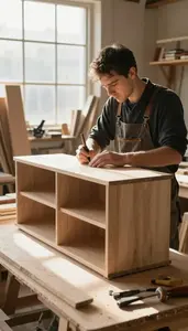 Furniture Maker Crafting A Custom Cabinet In A Furniture Making Workshop At Work