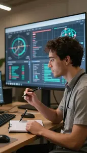 Game Developer Analyzing Data Visualizations On In A Cloud Computing Facility