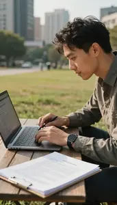 Game Developer Editing A Vlog On On A Vlogging City Location In Professional