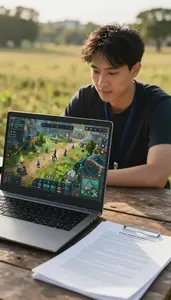 Game Tester Designing A Video Game On A Vlogging City Location In Professional