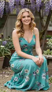 Garden Glamour Portrait Turquoise Floral Print Cocktail Gown On Southern