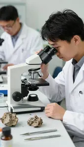 Geologist Studying Rock Petrology Under In A Petrology Microscopy Lab At Work