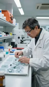 Glaciologist Studying Ice Core Samples In A Glaciology Research Laboratory At