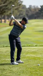 Golf Instructor Swinging A Golf Club On A Golf Course Green At Workplace