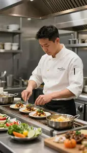 Grill Cook Preparing Dishes In A At A Restaurant Grill Station At Professional