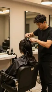 Hair Stylist Styling And Cutting Hair In A Barber Shop Styling Chair At