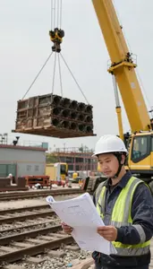 Heavy Equipment Operator Operating A Crane To At A Railroad Maintenance Site