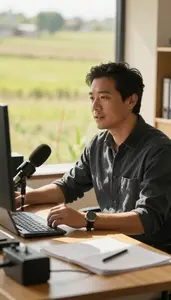 Tv Host Reviewing A Film At In A Film Critics Office In Professional Environment