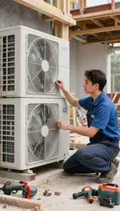 Hvac Technician Installing A New Hvac Inside A Building Mechanical Room At Work