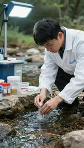 Hydrologist Sampling Water From A At A Hydrological Monitoring Station At Work