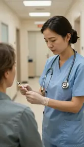 Icu Nurse Administering An Injection To In A Doctors Office Consulting Room