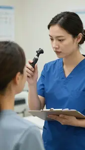Icu Nurse Examining A Patients Ears In A Physical Therapy Rehabilitation Gym