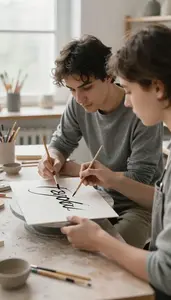 Illustrator Teaching Calligraphy Techniques To In A Sculpture Clay Studio At