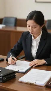 Immigration Lawyer Drafting A Legal Contract In An Environmental Law Courtroom