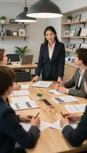 Insurance Agent Leading A Meeting Around In A Real Estate Office Showroom At