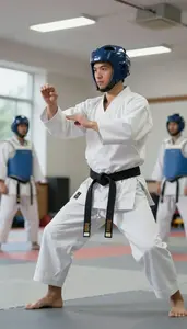 Karate Instructor Teaching Karate Forms In In A Karate Training Dojo At