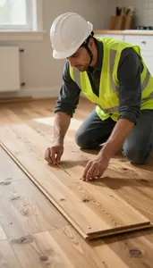 Kitchen Remodeler Laying Hardwood Flooring In In A Room With New Hardwood