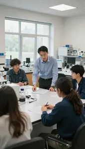 Lab Instructor Mentoring Students In An In A Department Chair Conference Room