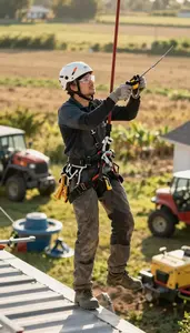 Landscaper Pruning Trees With Professional On A Residential Rooftop At Workplace
