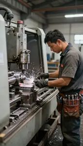 Lathe Operator Cutting Metal Parts On At A Steel Structure Construction Site