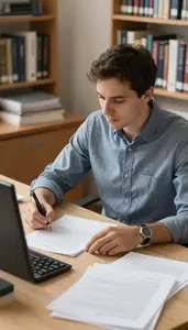 Lecturer Evaluating Essays On A In A University Department Office At Work