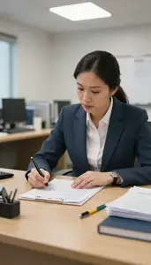 Life Coach Writing A Business Proposal In An Audit Examination Room In