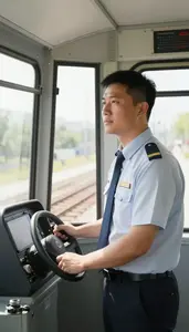 Light Rail Operator Operating A Light Rail Inside A Subway Train Cab At Work