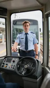 Light Rail Operator Conducting A Train Departure Inside A Train Cab On Tracks