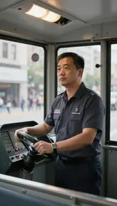 Light Rail Operator Operating A Tram Through Inside A Tram Cab In A City At