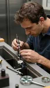 Locksmith Repairing A Watch With In An Elevator Shaft In Daily Work