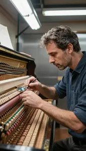 Locksmith Tuning A Piano In In An Elevator Shaft At Workplace
