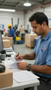 Longshoreman Processing Customs Documentation At In A Postal Sorting Facility