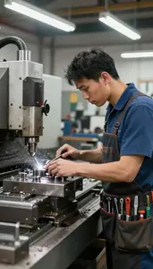 Machinist Cutting Metal Parts On In A Metal Fabrication Shop In Professional