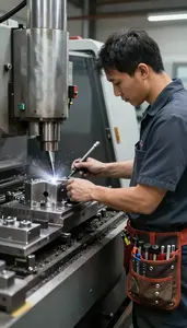 Machinist Cutting Metal Parts On In A Cnc Machining Workshop At Work Location