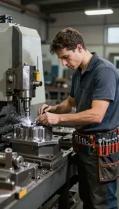 Machinist Cutting Metal Parts On In A Metal Fabrication Shop In Professional