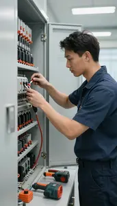 Maintenance Worker Maintaining Building Systems In In A Building Mechanical Room